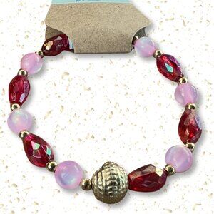 Glass Pink and Acrylic Red Beaded Stretchy Bracelet with Gold Accents